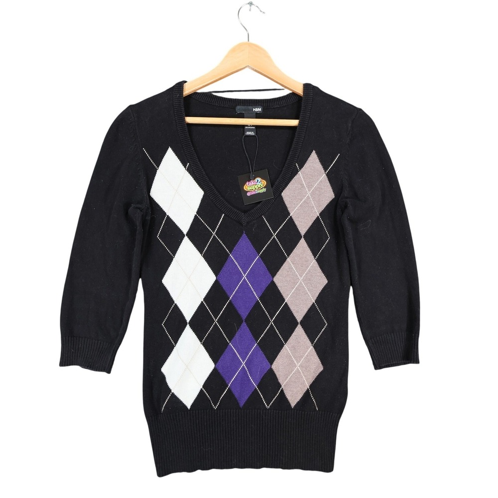 H&M Argyle Sweater Womens‎ Small Black Cotton V-Neck 3/4 Sleeve Preppy Knit Top